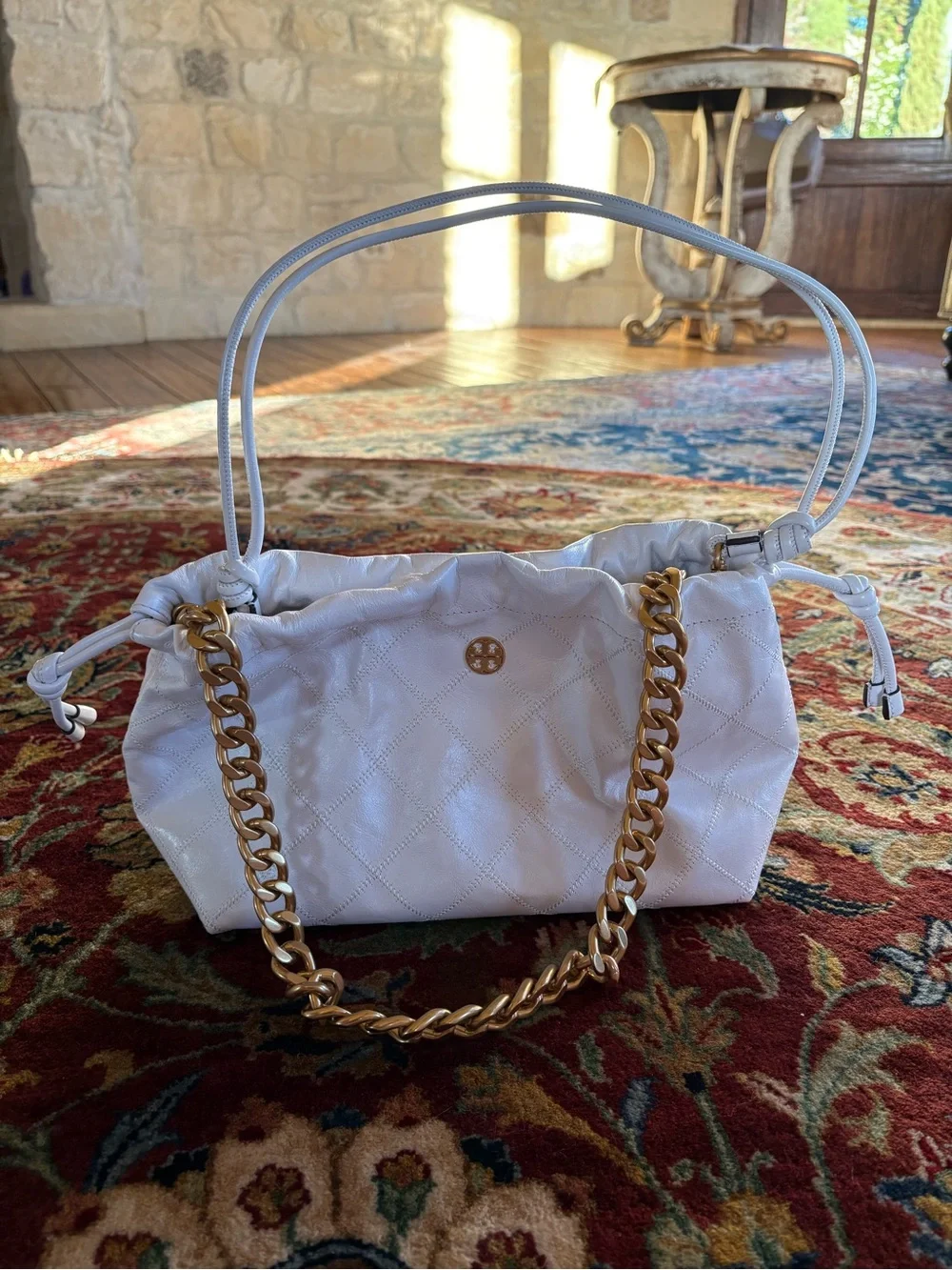 Tory Burch White Quilted Shoulder Bag with Gold Chain